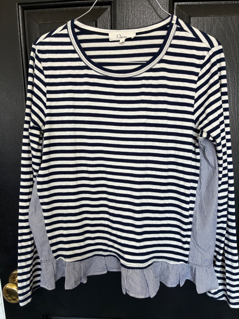 Clu Too Navy and White Striped Ruffle Hem Long Sleeve Top S